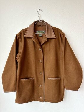 VTG Timberland Women’s Brown Wool Blend Leather Trim Oversize Button Jacket M